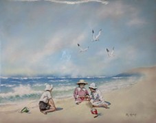 "Children at the Beach" Enamel on Copper by Max Karp