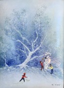 "Snow and Kids" Original Enamel on Copper by Max Karp