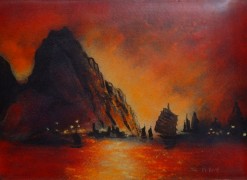 "Sunset in Macau" Original Enamel on Copper by Max Karp