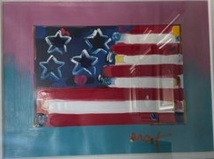 "Flag with Heart, Series III" 2006 unique Mixed Media Acrylic on color lithograph by Peter Max