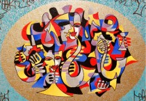 Heavenly music session 2001 erigraph in color with hand embellishment on canvas by Anatole Krasnyansky