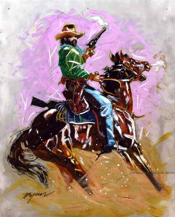 "West of Tombstone" original mixed media on Aluminum by Michael Bryan