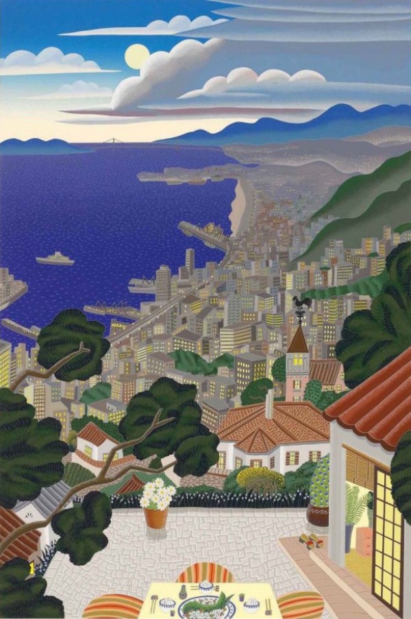 ''Kobe Coast at Night'' Serigraph on Paper by Thomas McKnight