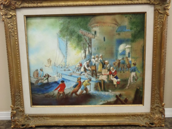 "Fisherman's Wharf" Framed Original Enamel on Copper by Max Karp