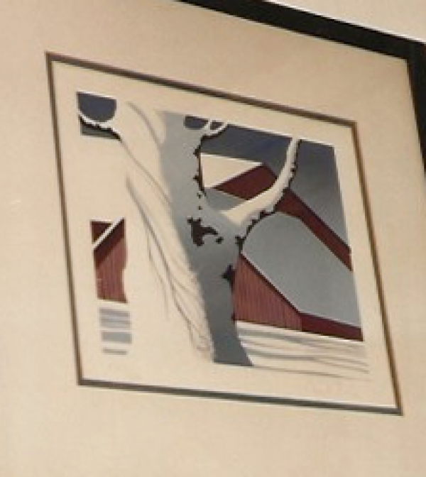 "Red Barn and Tree Trunk" Serigraph by Eyvind Earle