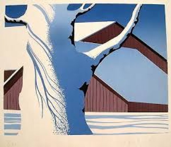 "Red Barn and Tree Trunk" Serigraph by Eyvind Earle