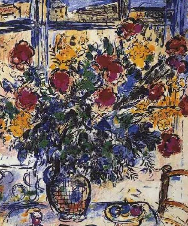 "Le Bouquet Devant La Fenetre" Plate-Signed Lithograph by Marc Chagall