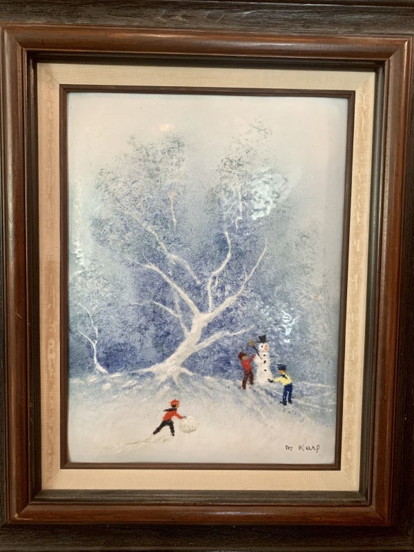 "Snow and Kids" Original Enamel on Copper by Max Karp