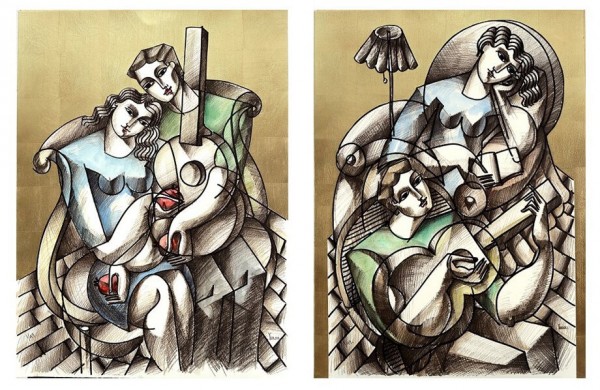 "From Dusk Till Dawn" Serigraphs on Museum Board with 24 Karat Leaf & original Watercolor by Yuroz