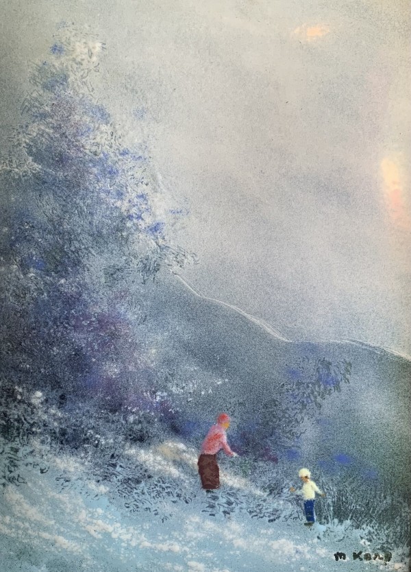 Mother and Child on a Hillside Original Enamel on Copper by Max Karp