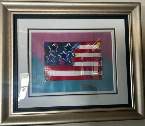 "Flag with Heart, Series III" 2006 unique Mixed Media Acrylic on color lithograph by Peter Max
