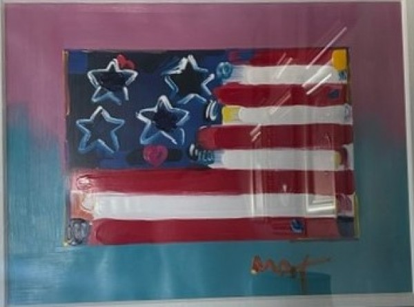 "Flag with Heart, Series III" 2006 unique Mixed Media Acrylic on color lithograph by Peter Max