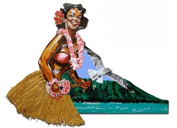 "Diamond Head" Original 3-D 4 Level Mixed Media on Aluminum with 1930's Vintage Hula Skirt by Michael Bryan