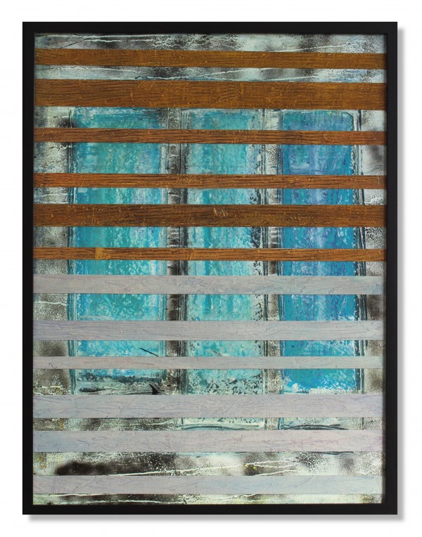 "Blue Windows" Original Acrylic, paper, collage on wood panel by Mark & Elana Erickson