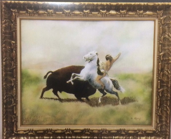 "Indian Brave Versus Buffalo" Original Enamel on Copper by Max Karp