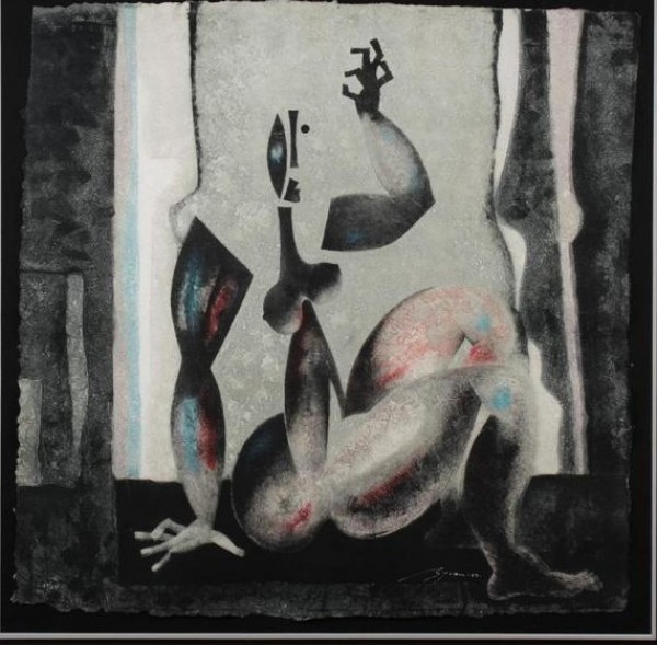 "On Stage" Acrylograph on heavy paper by Byron Galvez