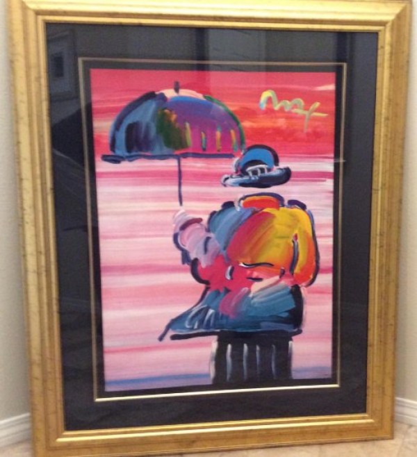 "Umbrella Man '99" Framed Unique Mixed Media acrylic on Lithograph by Peter Max