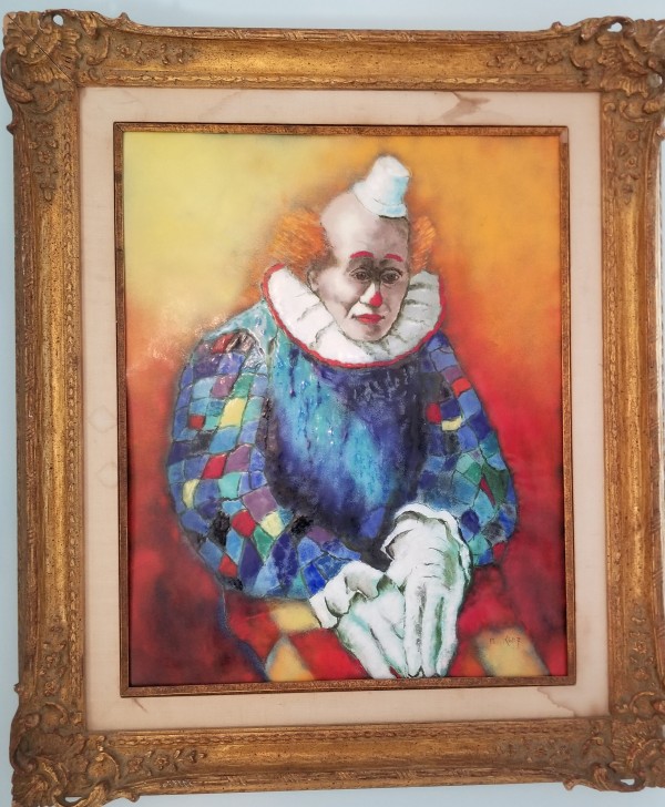 "Seated Clown" Enamel on Copper by Max Karp
