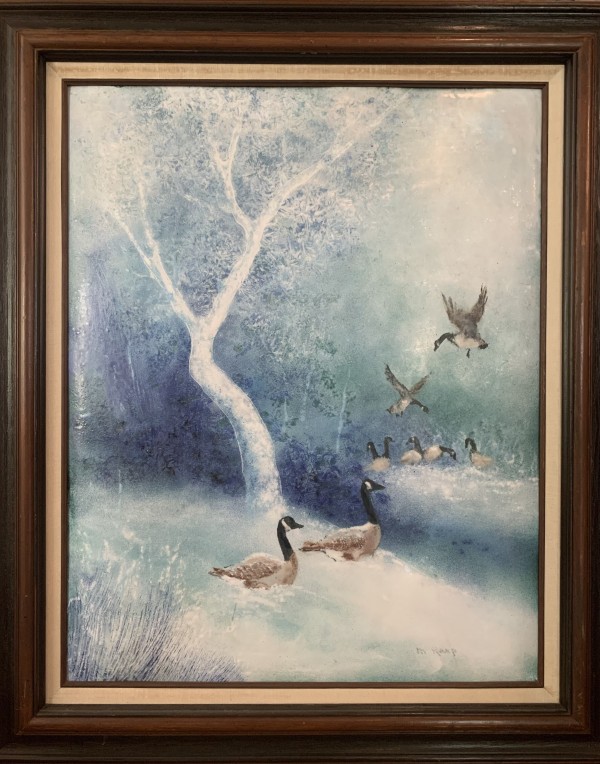 "Geese in a Snow Swamp" Enamel on Copper Original art by Max Karp