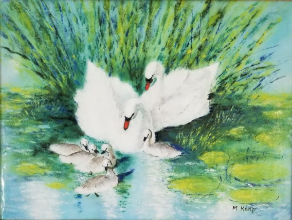 "Cobb, Pen and 5 Cygnets" Enamel on Copper by Max Karp