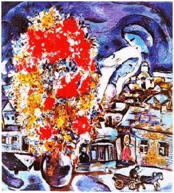 "Le Bouquet et Village Bleu" Plate-Signed Lithograph by Marc Chagall