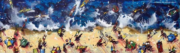 "Beach Day, Wet/Dry" Original Mixed Media on Hand-Worked Aluminum