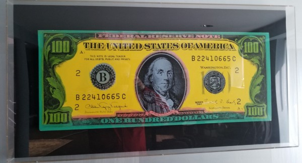 "Old $100 Bill (American Money)" Embellished Mixed Media Silkscreen on Canvas by Steve Kaufman