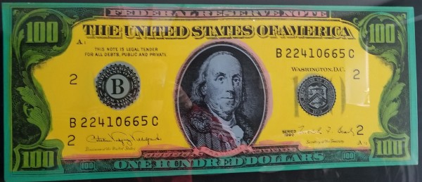 "Old $100 Bill (American Money)" Embellished Mixed Media Silkscreen on Canvas by Steve Kaufman