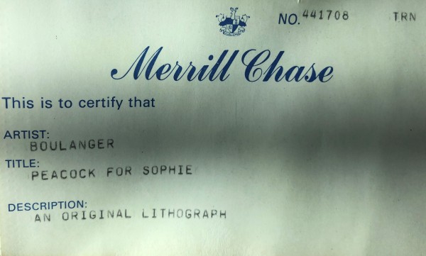 "Peacock for Sophie" "Un Paon Pour Sophie" a Lithograph on Paper by Graciela Rodo Boulanger