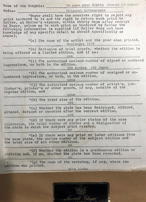 "Peacock for Sophie" "Un Paon Pour Sophie" a Lithograph on Paper by Graciela Rodo Boulanger