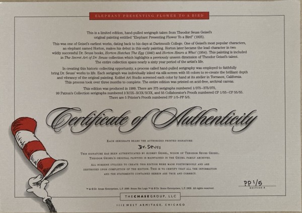 "Elephant Presenting A Flower to A Bird" Serigraph on Canvas by Dr. Seuss