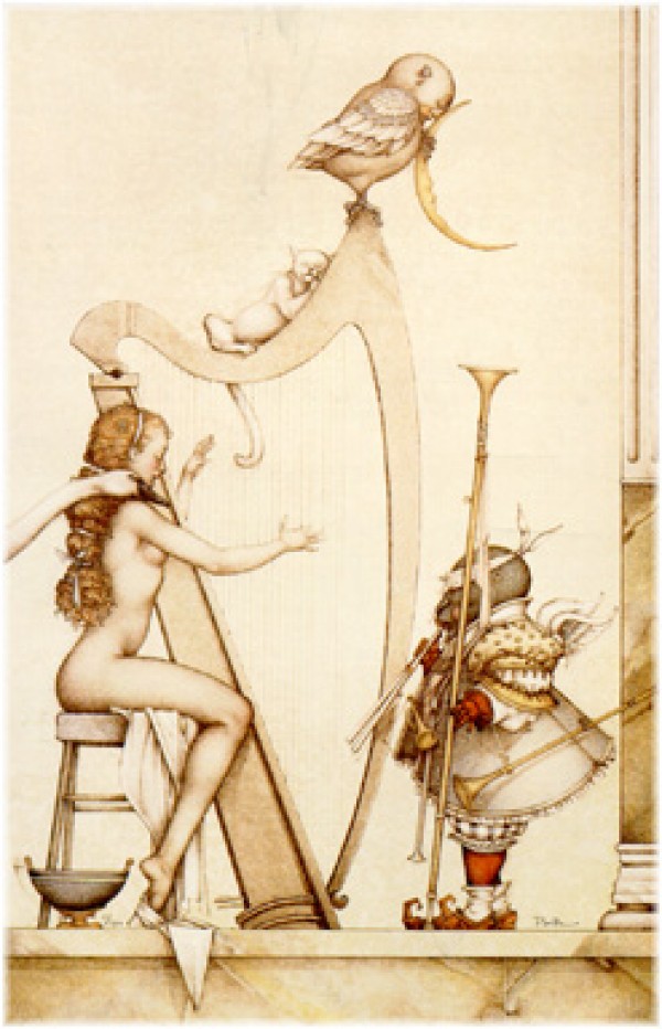 "Moon Harp" Stone Lithograph by Michael Parkes