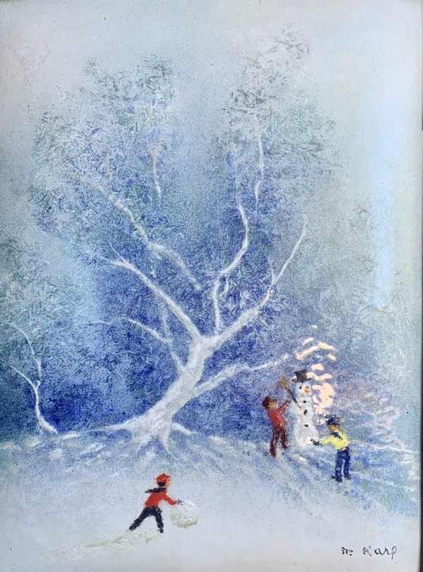 "Snow and Kids" Original Enamel on Copper by Max Karp